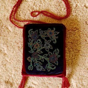 Velvet Burgundy Vintage Crossbody, mini evening purse, beaded
